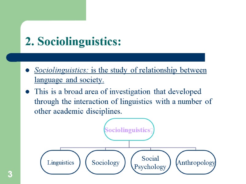 3 2. Sociolinguistics: Sociolinguistics: is the study of relationship between language and society. This